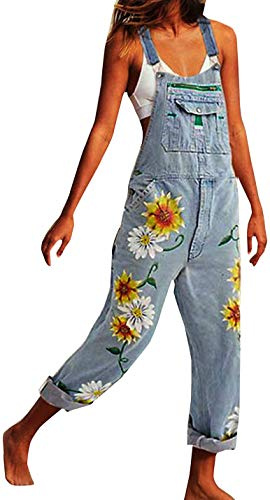 Lazutom Women's Loose Fit Floral Printed Casual Baggy Denim Bib Dungarees Overall (UK 16, Light Blue)