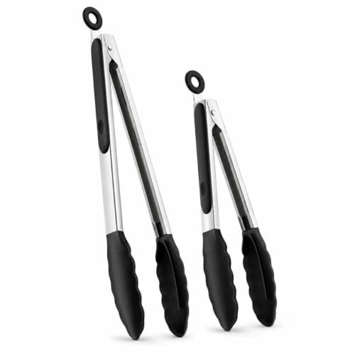 Kitchen Tongs Set, Stainless Steel Silicone Tips, 9 and 12 Inch | Locking rose-gold tongs with silicone tips for nonstick cookware, grilling and serving