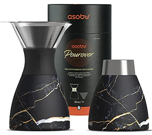 asobu Insulated Pour Over Coffee Maker (32 oz.) Double-Wall Vacuum, Stainless-Steel Filter and Take on the Go Carafe (Midnight Marble)