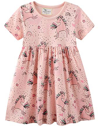 Vestito Unicorno Principessa Bambina Cotone • 4-5 Anni (100-110cm) • Abito Bimba Ricamo Floral Striscia Cartoon Animale Casuale • Manica Lunga & Corta T-Shirt
