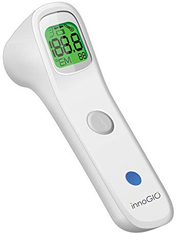 InnoGIO GIOfast, Thermomètre Infrarouge Frontal Sans Contact, Lecteur Rapide, Appareil Médical Fiable de Mesure de Température Corporelle Surface/Ambiante °C et °F, Écran LCD, 30 Données Enregistrées