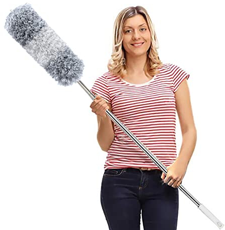 Staubwedel Teleskop Waschbar, Staubwischer Mikrofaser Edelstahl Teleskop Stange und Verbiegbare Eckbesen, Staubwedel Lang Ausziehbar Extra Lang Bis 100 inch, für Decken Spinnweben