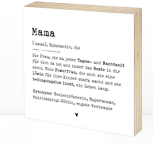 Wunderpixel® Holzbild Definition Mama - 15x15x2cm zum Hinstellen/Aufhängen, echter Fotodruck mit Spruch auf Holz - schwarz-weißes Wand-Bild Aufsteller Zuhause zur Dekoration Idee