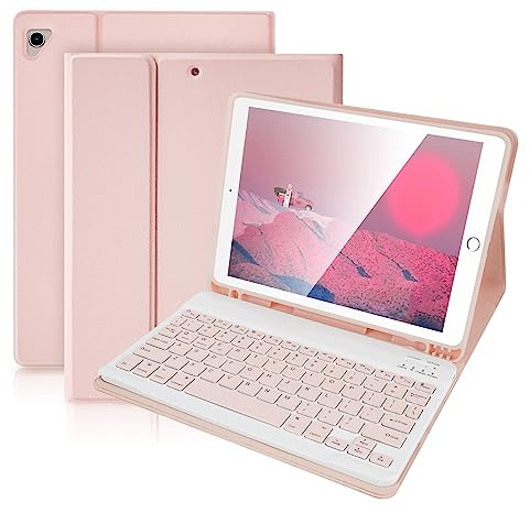 SOPPY,Funda para teclado para iPad de 9.7 pulgadas, teclado Bluetooth desmontable para iPad de 6.ª generación, con encendido automático y ranura para lápiz integrada, color rosa