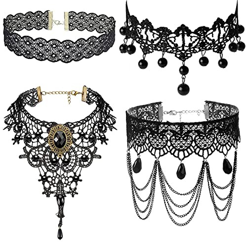 JewelryWe Schmuck Choker Halsband Halskette Set Schwarz Samt Stretch Vintage Gothic Quasten Tattoo Spitze Collar Choker Halsketten Ketten für Halloween Party Cosplay Damen Mädchen Geschenk