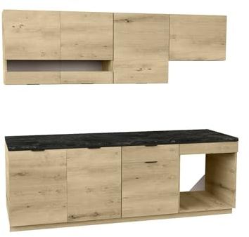 Vente-unique - KÃ Â ÂÂ Ã Â ¼chenzeile - 200 cm - 6 Schrankelemente - Holzfarben & Anthrazit - CARMEO