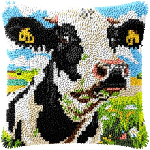 kitphoenix Latch Hook Kissen Kit Kuh Knüpfkissen Set für Anfänger Erwachsene oder Kinder zum Selber Knüpfen, DIY Knüpfteppich Knüpfpackung, Knüpfhaken Set 43 x 43 cm