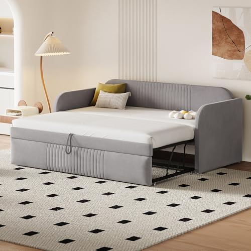 Dolamaní Schlafsofa 90/180x190 cm mit gästebett, Ausziehbett gleiche höhe, Bett Ausziehbar zum Doppelbett, Leinenstoff, Ohne Matratze (Hellgrau)