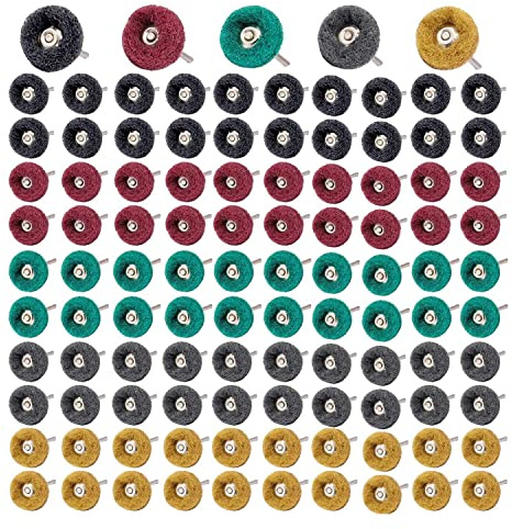 Elantoexis 100Pc Abrasive Buffing Wheels, Scouring Pad Material, 1 Inch Diameter, 1/8 Inch Shank, Compatible with Angle Grinder, Die Grinder, Available in Yellow, Green, Black, Gray