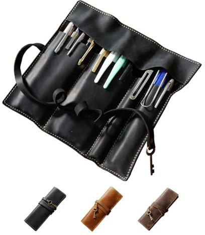 MIVLXLX Rollo de piel auténtica, estuche para bolígrafos y lápices, 3 bolsillos abiertos para bolígrafos largos, correa resistente, solapa plegable (color negro)