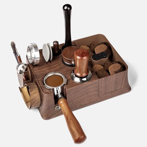 Guolich Espresso Tamping Station,11 in 1 Tamper Station Fit for Storage 51/53/58mm Espresso Knock Box,Distributor, Portafilter Holder& Espresso Accessories(Brown)