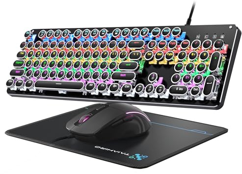 Typewriter Mechanische Gaming-Tastatur und -Maus, 104 Tasten, Retro-Tastaturen in voller Größe, Metall-Panel, Punk, runde Tastenkappe, Clicky Blue Switch mit RGB-Hintergrundbeleuchtung, Maus und
