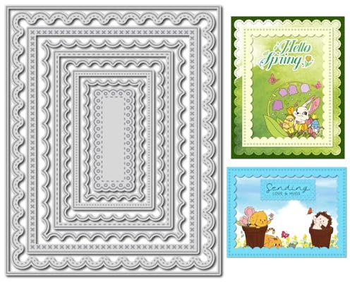 arriettycraft 9pcs Nesting Cutting Dies Set for Card Making - 4 Rectangle & 5 Scalloped Frame Dies with Stitching Design - DIY Scrapbooking, Greeting Cards, Paper Craft Embossing Templates