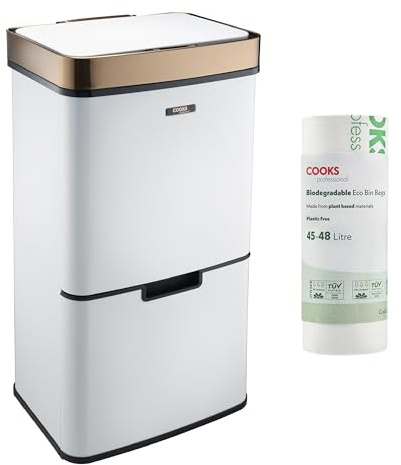 Cooks Professional Recycling Sensor Bin 75L with Dual Compartments and Removable Food Caddy for Kitchen | Smart Automatic Brushed Metal Bins | Includes 25 Biodegradable Bin Bags | White & Copper