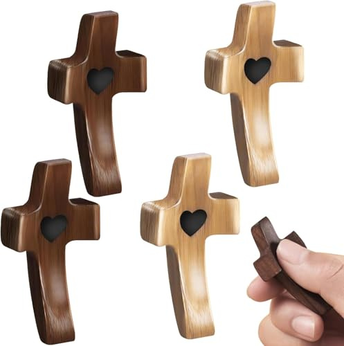 azttior 4 Stück Geschnitzte Holzkreuz mit Herzen, Handschmeichler Kreuz aus Naturholz, Handgeschnitztes Liebeskreuz für Christliches Geschenk, 5cm Holzkreuz Klein für Andachtsgebete Taufe Kommunion