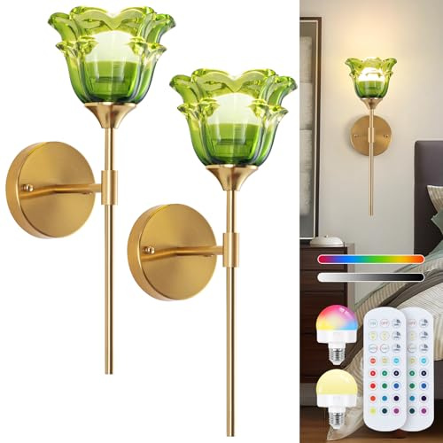 Vloitgol Vintage Battery Operated Wall Lights with Green Glass Lampshade Wireless Rechargeable Battery Powered RGB Wall Light with Remote Control for Indoor Bedside Bedroom Hallway LivingRoom, 2-Pack