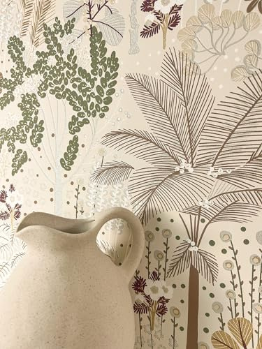 Newroom Papier Peint Intissé Crème Motif Jungle Chambre Salon | Feuilles de palmier et fleurs beige olive brun bordeaux, ambiance bohème champêtre naturelle, décoration murale intérieure