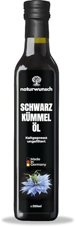 naturwunsch Schwarzkümmelöl 0.5 Liter, Ungefiltert, Kaltgepresst, Hoher Thymochinon Gehalt, Frisch in Deutschland hergestellt – Original Nigella Sativa