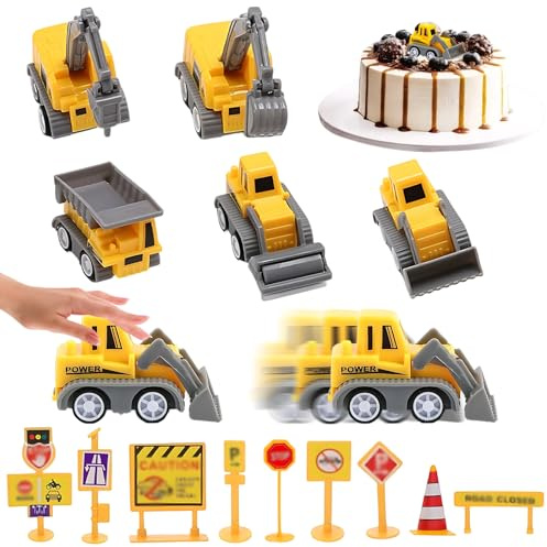 Zeaying 14 Piezas Juguetes para Camiones de Construcción, Juguetes con Señales de Tráfico, Mini Carromato para Decoración de Tartas, Excavadora Topper Cumpleaños, para Cumpleaños de Niños y Niñas