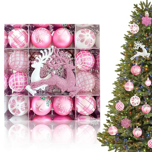 KUWUNG 45 Pezzi Palline Natale Set, 3cm/6cm Palle di Natale Plastica con Ganci, Palline di Natale Bianche Rosa Set per Palline Albero di Natale (Rosa)