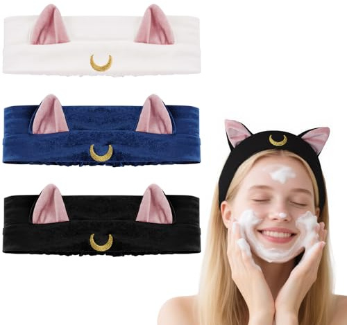 LOPHE Bandeau Oreille de Chat, Lot de 3 Bandeaux Élastiques avec Oreilles de Chat, Bandeaux pour Les Soins pour Se Laver Le Visage, La Douche, Le Maquillage et Le Spa pour Femmes et Filles