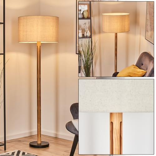 HOFSTEIN Stehleuchte Flemming, Stehlampe aus Metall/Holz im modernen Boho-Design, Schirm aus Stoff, Ø 50 cm, 158 cm, E27, mit Fußschalter - Wohnzimmer, Schlafzimmer, Esszimmer, Flur