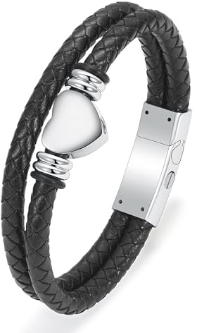 VCCWYQK Kreuz-Urnen-Armband für Asche, echtes Leder, Gedenk-Asche, Schmuck, Urnen-Armreifen, Medaillon, Andenken-Armband für Herren