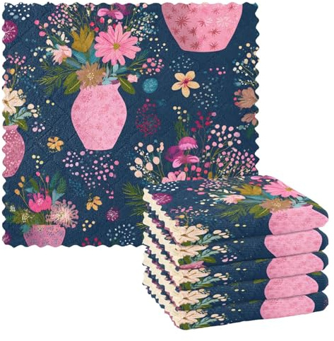 Mnsruu Microfibre Cleaning Cloths Flowers Vase Blue Background Pattern Reusable Dish Cloths for Washing Up 6 Pack Swedish Dishcloth Microfibre Cleaning Towels Washable Duster Rags Cloth Home