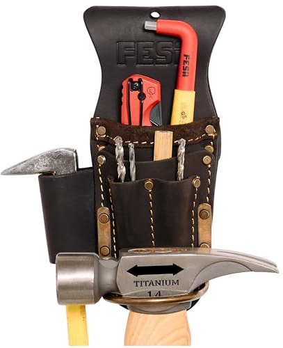 FESA Werkzeuggürtel-Hammerhalter – Leder-Multitool, Zange und Hammerholster mit Taschen für Bohrer oder Marker – robuste kleine Werkzeugtasche für Tischler – Clip an jedem Gürtel – handgefertigt