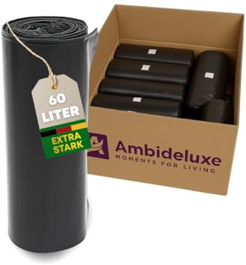 Ambideluxe Müllbeutel Extra Stark 60 L | 20 Rollen Vorratspack | Schwerlast Abfallsäcke für Haushalt, Garten & Gewerbe | Reißfest & durchstoßsicher | Großes Fassungsvermögen