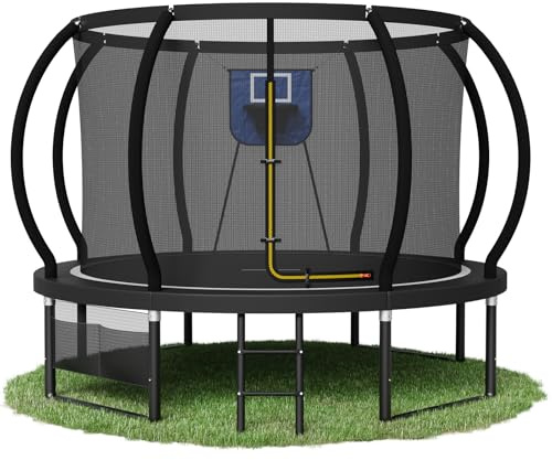 Outdoor Trampoline with Basketball Hoop 7.5/10ft Garden Trampoline with Safety Net and Storage Bag Non-Slip Ladder & Shoe Organizer Suitable for Toddlers and Adults