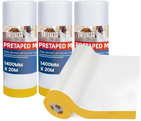 TAPEBEAR Película Protectora Pretapeada 1400mm x 20m (4 Rollos) | Plástico para Pintar con Cinta Integrada, Barrera Anti Polvo para Construcción, Auto, Muebles y Electrodomésticos