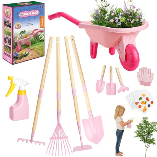 Dutywand Kids Gardening Tools Set with Wheelbarrow, Wooden & Metal Outdoor Gardening Toys for Summer Outdoor Yard Digging & Weeding, Easter Birthday Gifts for Boys Girls Age 3+ Years (Pink)