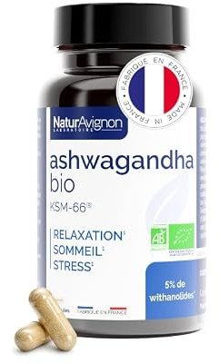 Ashwagandha bio | ashwagandha ksm-66 | 5% de withanolides | 1200mg | bien-être émotionnel | récupération | anti stress | cortisol | Fabriqué en France | 60 gélules | Laboratoire NaturAvignon