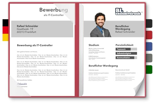 5 Stück zweiteilige Bewerbungsmappen BL-exclusivdruck® BL-plus in Rubinrot - Premium-Qualität mit edler Relief-Prägung 'Bewerbung' - Produkt-Design von 'Mario Lemani'