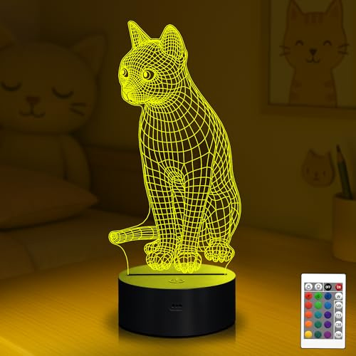 CooPark Katze lampe Geschenke, Meow 3D Illusion Optischer Schreibtisch Nachtlicht mit 16 Farben ändern&Fernbedienung Dimmbar,Weihnachten Geburtstag Zuhause Schlafzimmer Dekor für Kinder Junge