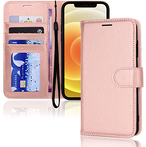 TECHGEAR iPhone 12 / iPhone 12 Pro Leather Wallet Case, Flip Protective Case Cover with Wallet Card Holder, Stand & Wrist Strap - Rose Gold PU Leather with Magnetic Closure for iPhone 12/12 Pro 6.1