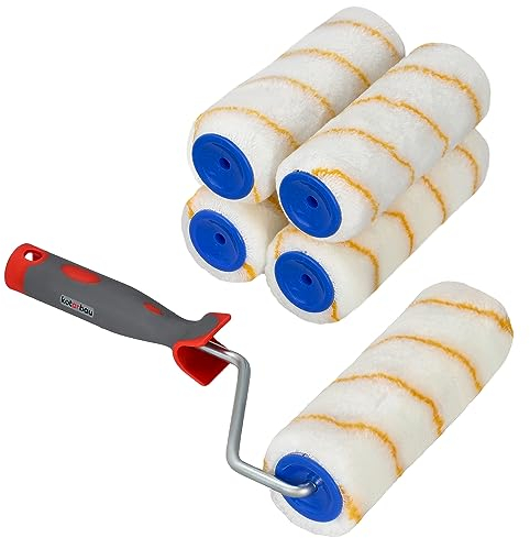 Kotarbau® - Set di 5 rulli per pitturare da 180 mm con impugnatura in gomma, pennello a rullo, rullo per lavori di pittura e ristrutturazione, colore giallo