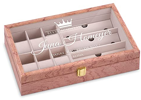 Maverton Uhrenbox mit Gravur für 6 Uhren & 3 Brillen - Uhrenschachtel Uhrenaufbewahrungsbox aus Holz - personalisiert - rose - Geschenk zum Geburtstag für Frauen - Krone