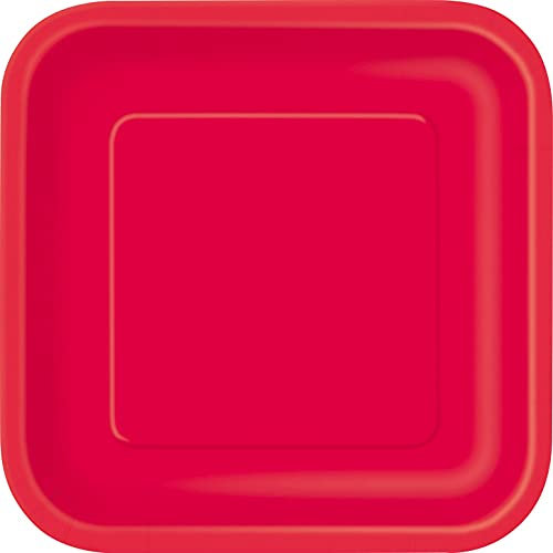 Unique- Piatti Ecologici Quadrati di Carta-23 cm-Colore Rosso-Confezione da 14, Tinta Unita, Red, Pack of 14, 31493EU