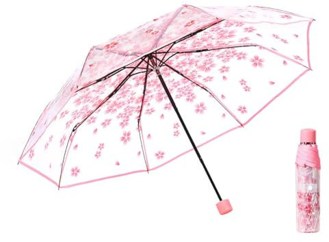 Taschenschirm, 1PC Handbetriebener Transparenter Leichter Regenschirm Modischer Prinzessin Regenschirm Kirschblüte Vier Farben(Rosa)