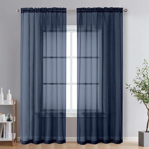 OVZME Extra Long Sheer Curtains 95 Length for Home French Door, Rod Pocket Voile Window Treatment for Living Room, Navy Blue, 2 Panels of 42W x 95L.
