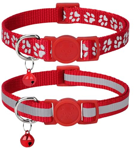 Taglory Collare Gatto Riflettente, 2 Pezzi Collari per Gatti Antistrozzo con Campanellino e Fibbia di Sicurezza, Stampa Zampa Carina 15-20cm Rosso