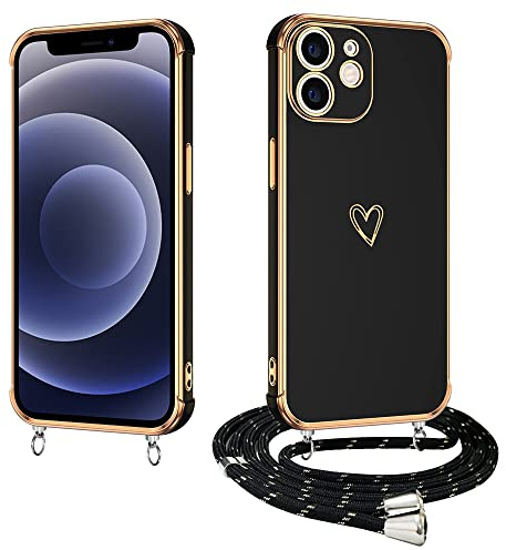 E-Lush Handyhülle für iPhone 12 Hülle mit Band, Herz Love Galvanik Silikon Handy Hülle für iPhone 12 6.3 Schutzhülle mit Kordel zum Umhängen Kameraschutz Stoßfeste Case, Schwarz