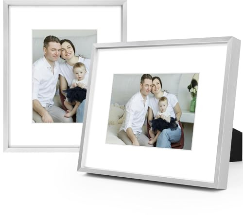 Frametory, 8x10 Aluminum Silver Frames with Ivory Mats for 5x7 Pictures/Photos - Real Glass- Horizontal and Vertical formats for Wall and Table Mounting (2 Pack)