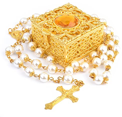 FLAFARY Rosary Beads, Rosary Beads Catholic for Men and Women Pack in Holy Cup Metal Gift Box, First Communion Rosary for Girls and boys, Rosary Necklace as Gifts.(Gold)