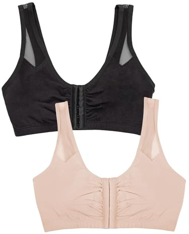 Fruit of the Loom Women's Comfort Front Close Sport Bra with Mesh Straps, Black Hue/Sand, 34