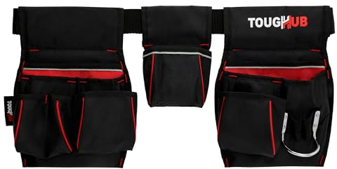 ToughHub Work Tool Belt Pouch with 1680D - Heavy Duty Adjustable Tool Belts for Men - Tool Storage Belt for Electricians, Carpenters, Plumbers & Construction with Hammer Loop
