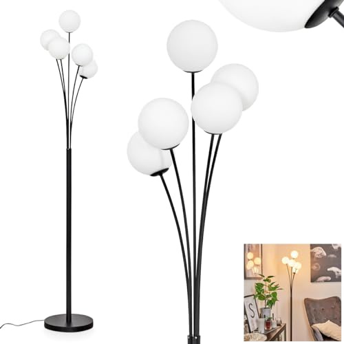 Stehleuchte Bernado, dimmbare Stehlampe aus Metall/Glas in Schwarz/Milchglas, Standleuchte mit Glaskugeln (Ø 12 cm), Höhe 174,5 cm, stufenlos dimmbar über Fußschalter, 5 x G9, ohne Leuchtmittel