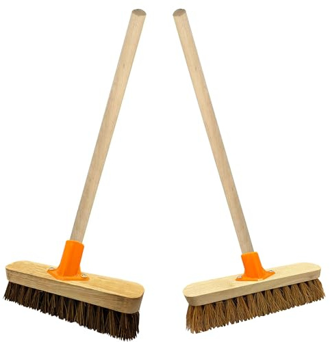 Traditional Wooden Sweeping Brushes Indoor/Outdoor With Handle 10 Coco & 12 Bassine With Support Bracket Home, Garage & Yard Sweeping Broom (2, 10 Coco (With Support Bracket & Handle))